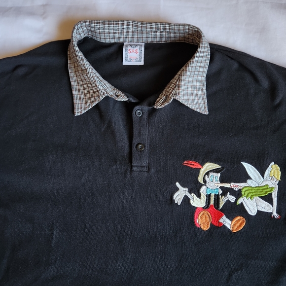 Saints & Sinners Pinocchio Tinker Bell Embroidered Black Striped Larg Polo Shirt - Picture 2 of 8
